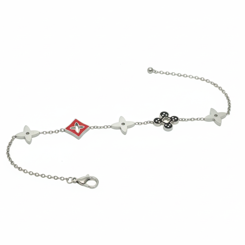 Bracelet trèfles argenté "DAME DE TRÈFLE" – Bijou femme acier inoxydable rouge et noir