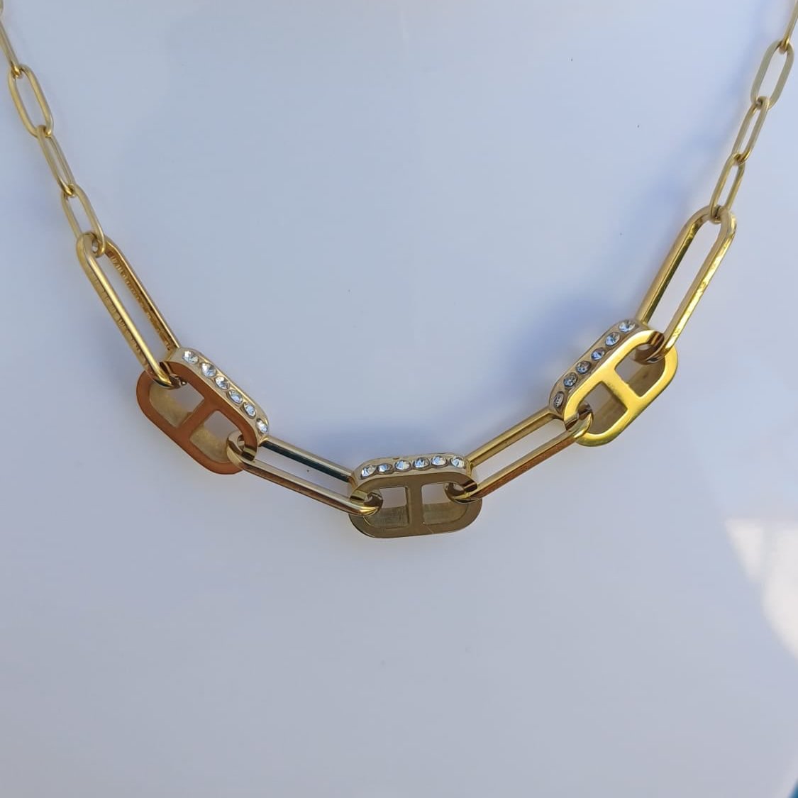 Collier "TRIO" doré ou argenté – Bijou femme maille marine avec strass en acier inoxydable