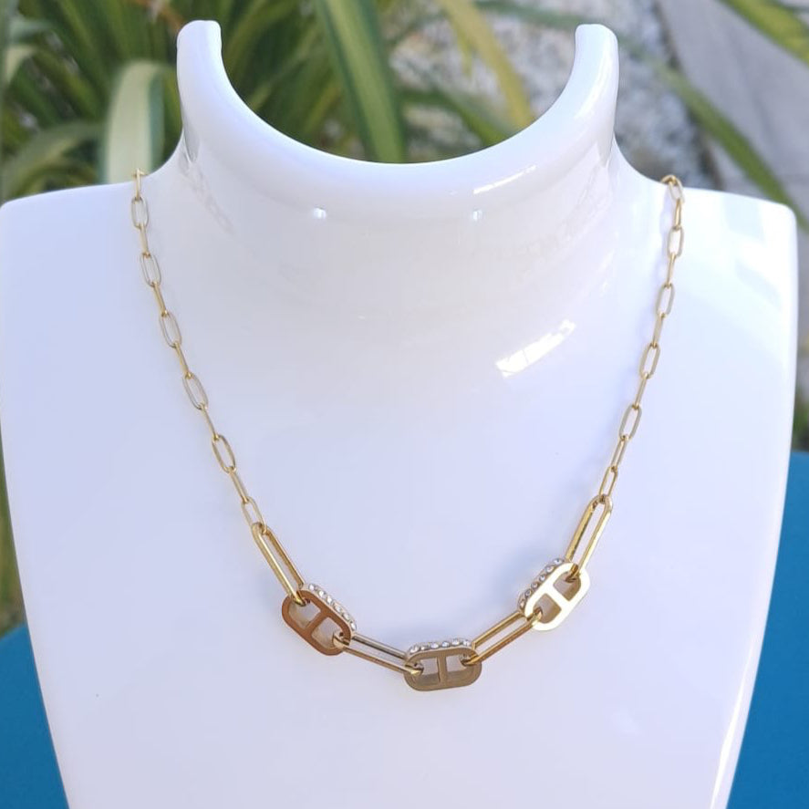 Collier "TRIO" doré ou argenté – Bijou femme maille marine avec strass en acier inoxydable