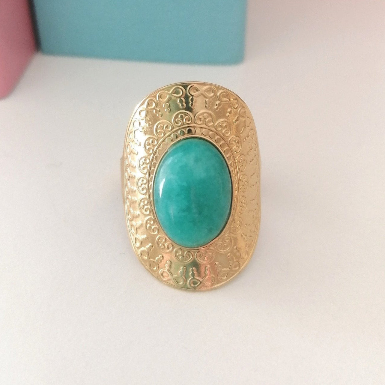 Bague "AZUR" dorée avec pierre turquoise – Acier inoxydable ajustable