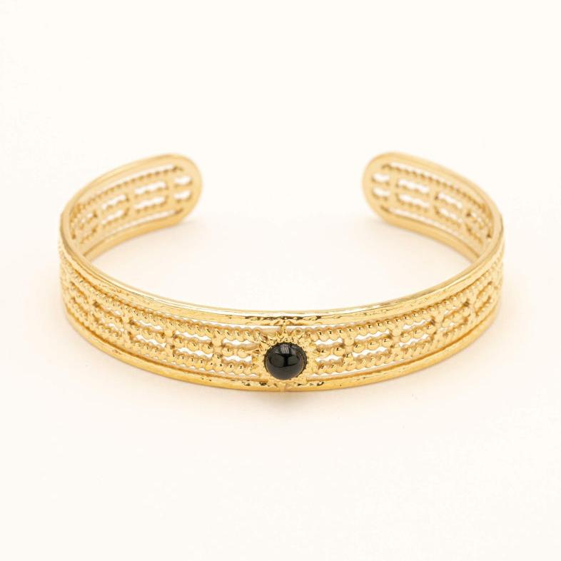 Jonc "BLACK MYSTIC" doré femme – Bracelet avec pierre noire, acier inoxydable, tendance 2025