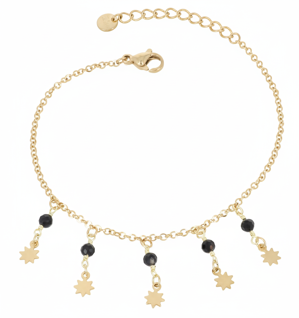 Bracelet "BOHEMIAN" doré femme – Bijou bohème chic avec pampilles et pierre noire