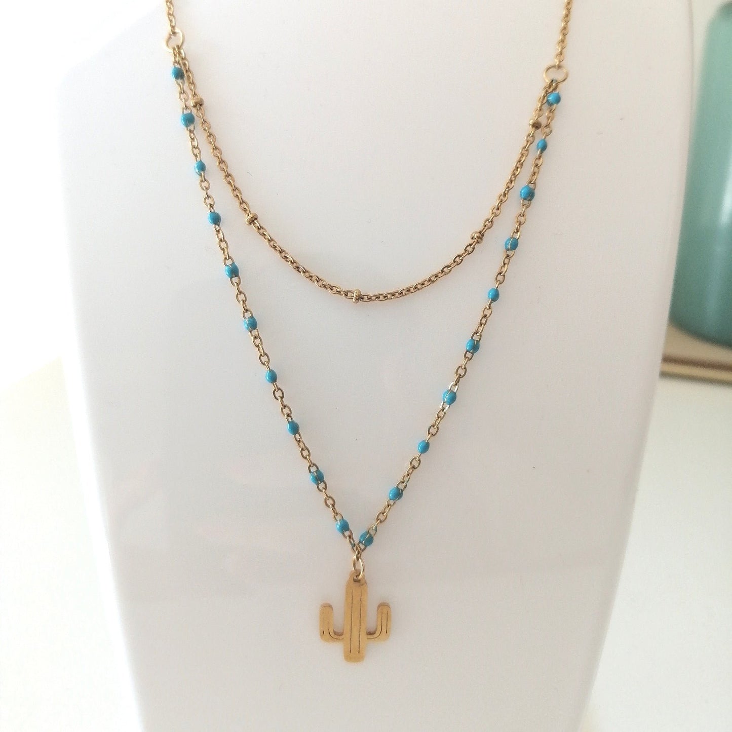 Collier "ARIZONA" – Perles turquoise & cactus doré en acier inoxydable