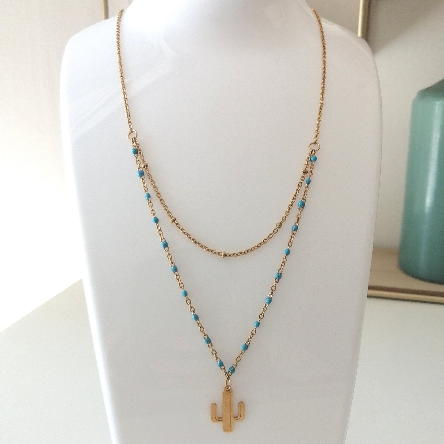 Collier "ARIZONA" – Perles turquoise & cactus doré en acier inoxydable