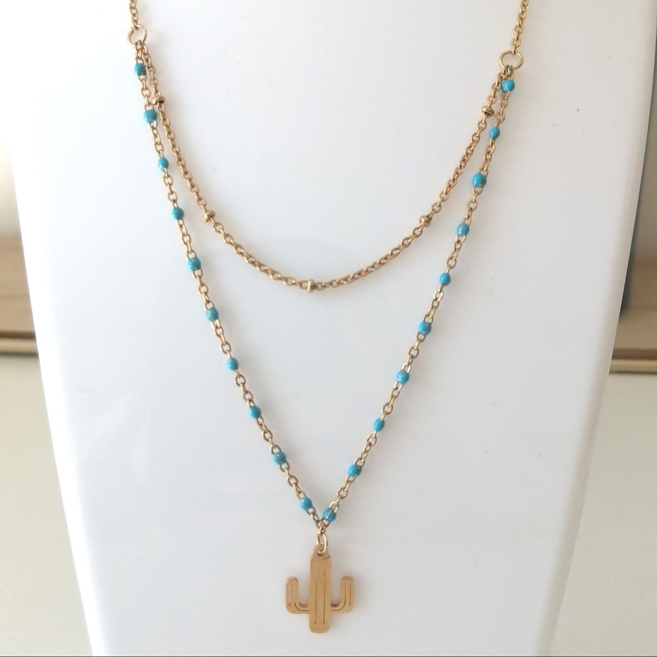 Collier "ARIZONA" – Perles turquoise & cactus doré en acier inoxydable