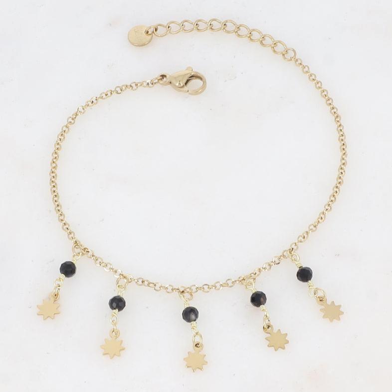 Bracelet "BOHEMIAN" doré femme – Bijou bohème chic avec pampilles et pierre noire