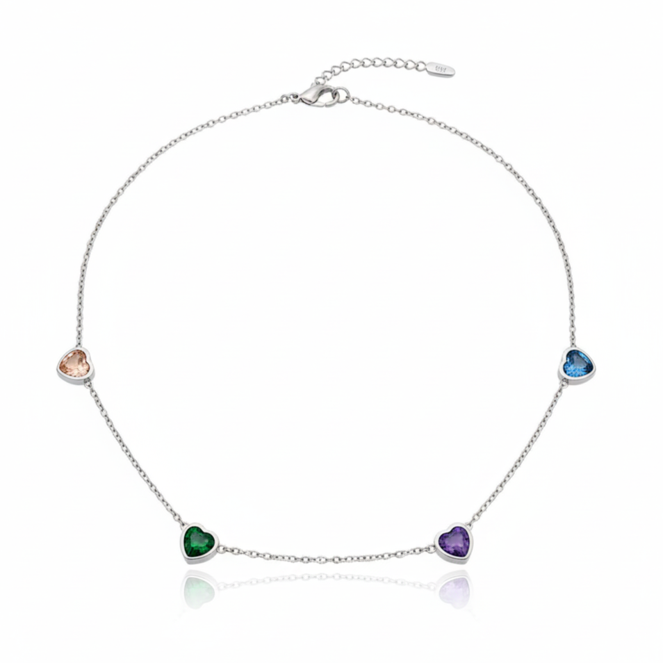 Collier "BELLA" argenté avec cœurs multicolores – Acier inoxydable